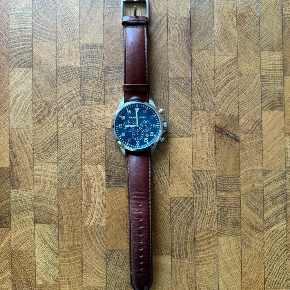 Michael Kors Black Dial with Brown Leather Strap Watch - Picture 2 of 6